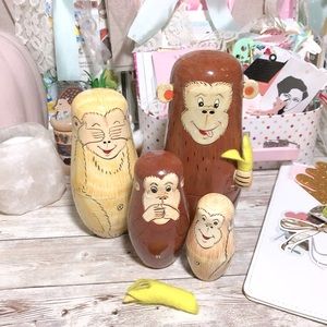 Vintage Monkey & Banana Wooden Nesting Dolls See Hear Speak No Evil Matryoshka